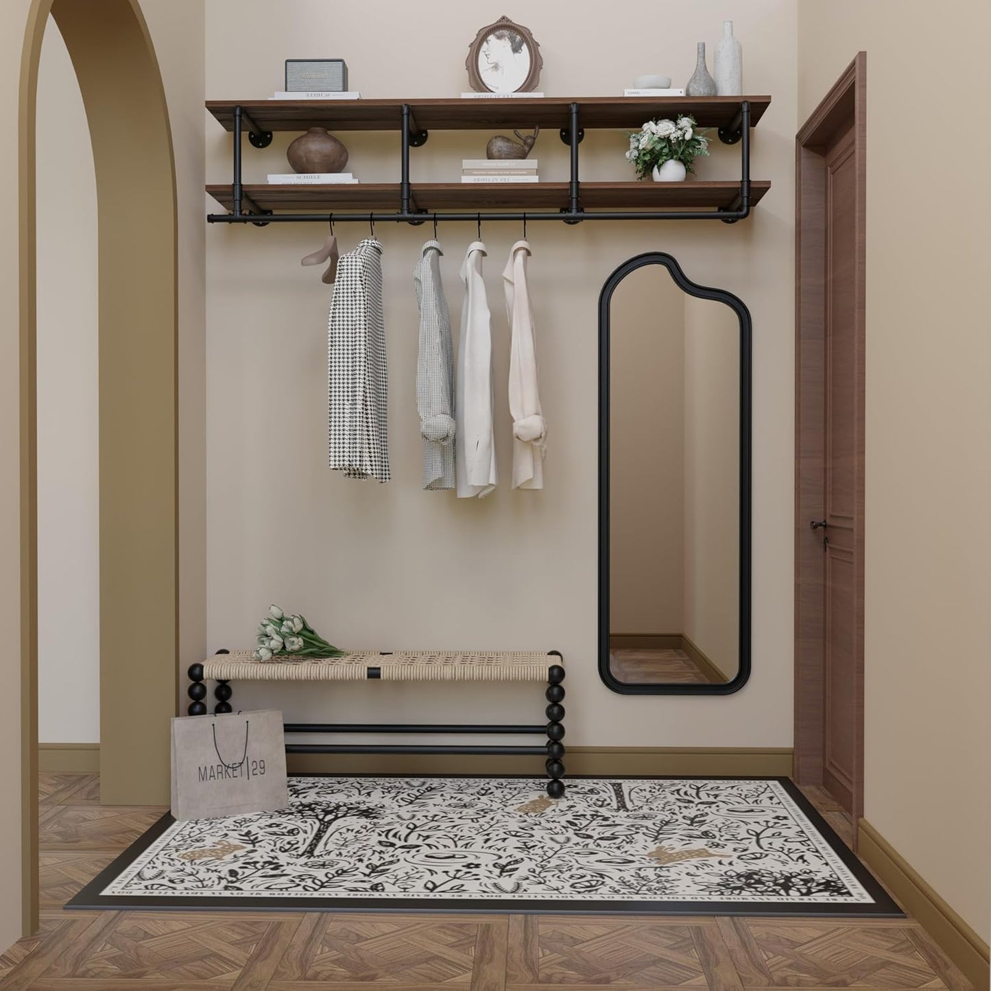 Wall Mounted Clothes Rack 12 Inch Deep, 72 Inch Heavy Duty Garment Rack with Real Walnut Wood Shelf, Multi-Purpose Hanging Rod & Space-Saving Closet Storage Organizer