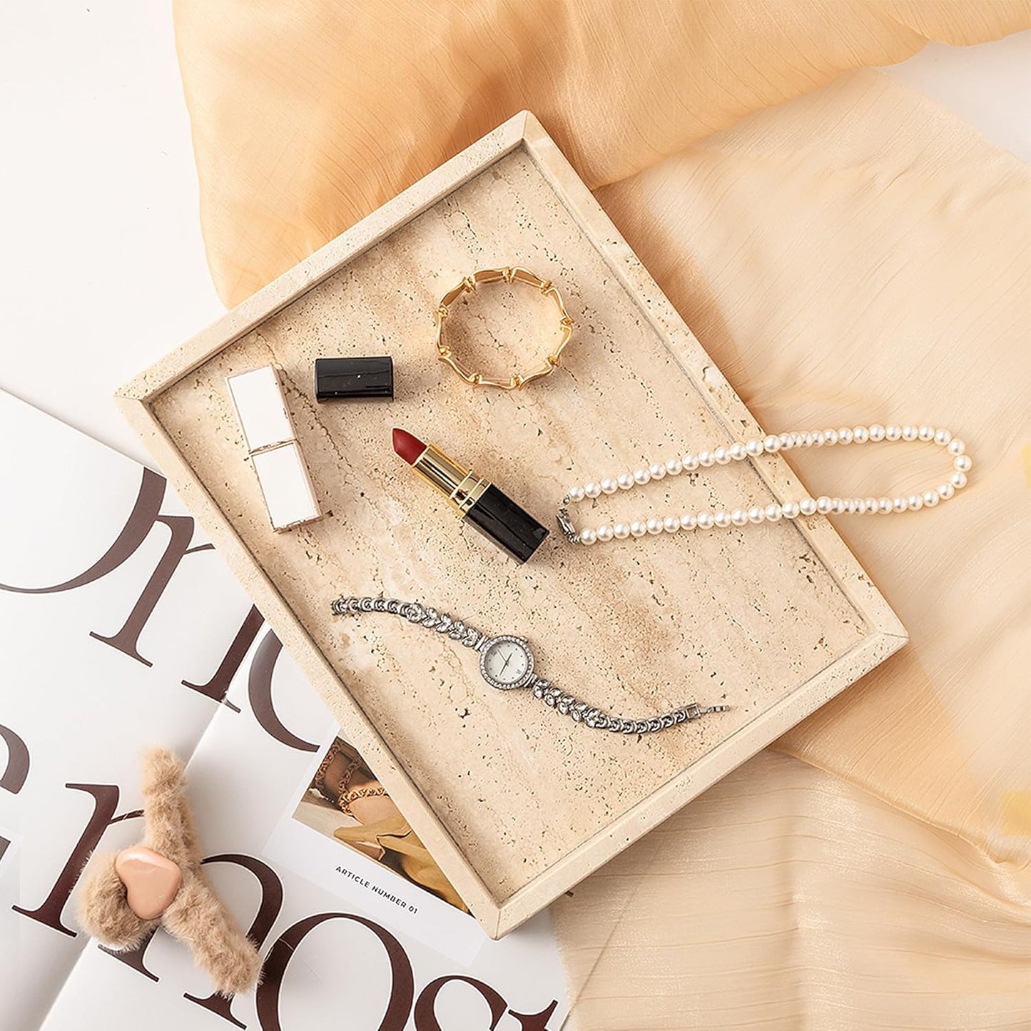 WORHE Vanity Tray Italy Travertine Stone for Jewelry, Perfume, Makeup, Candle Large Natural Marble Decorative Trays for Bathroom Dresser Rectangle Kitchen Storage Organizer for Home Decor Beige(WH021)