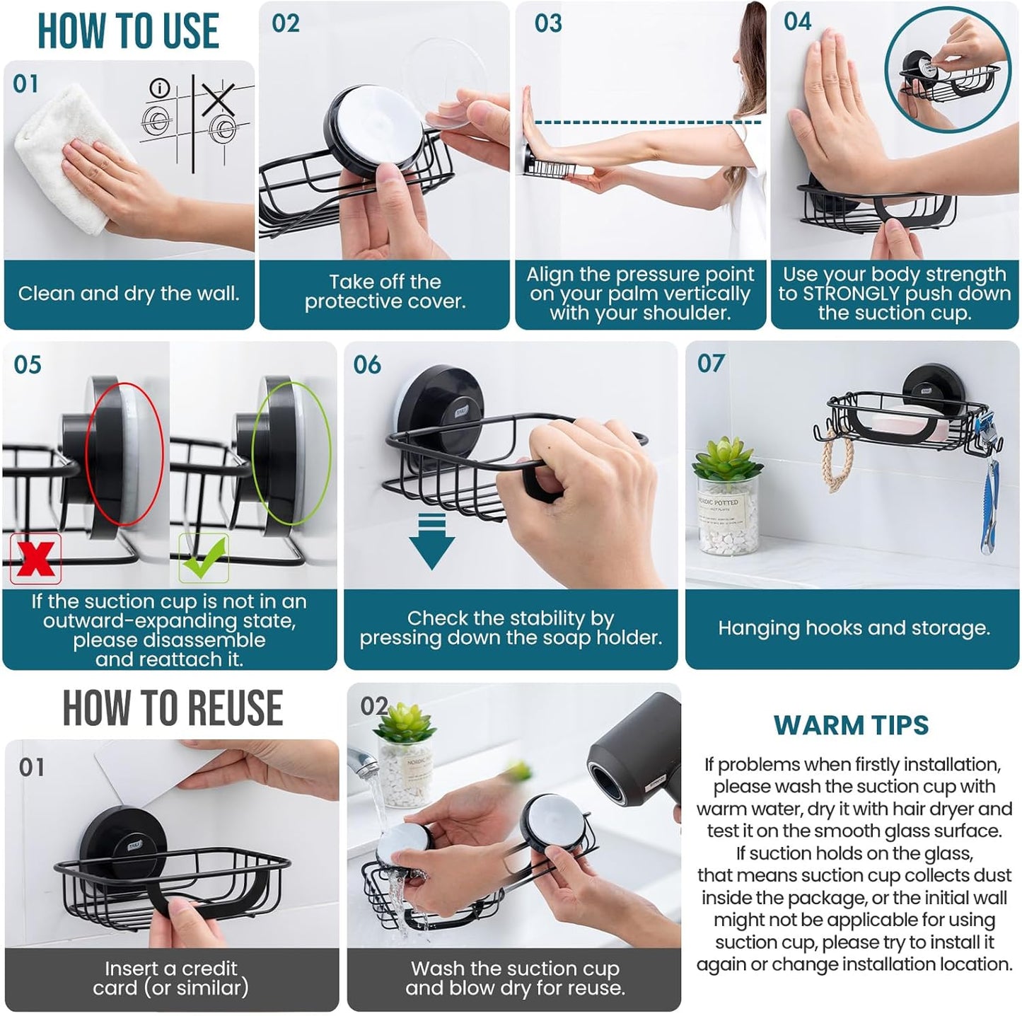 TAILI Soap Bar Holder Dish with Hooks, Shower Soap Tray Saver Suction Cup with Razor Holder for Wall, Rustproof Stainless Steel Bath Shampoo Caddy for Bathroom Accessories Organizer,Sink,Black