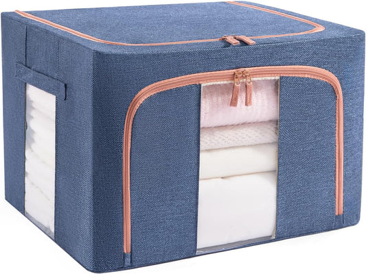 100L Stackable Clothes Storage Bins with Metal Frame Handles & Zipper, Collapsible Closet Organizer Box with Lid for Bedding Blankets Towel (Navy,1 pack)
