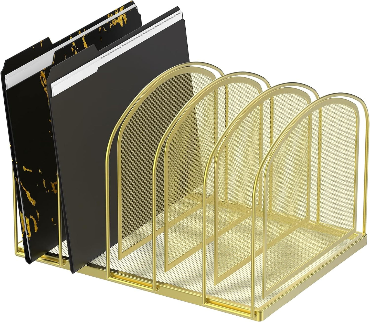 SUPEASY File Organizer for Desk, 5-Section Mesh Desk Organizer, Vertical File Holder Desktop Organizer File Sorter, File Folder Holder for Office Supplies, Gold