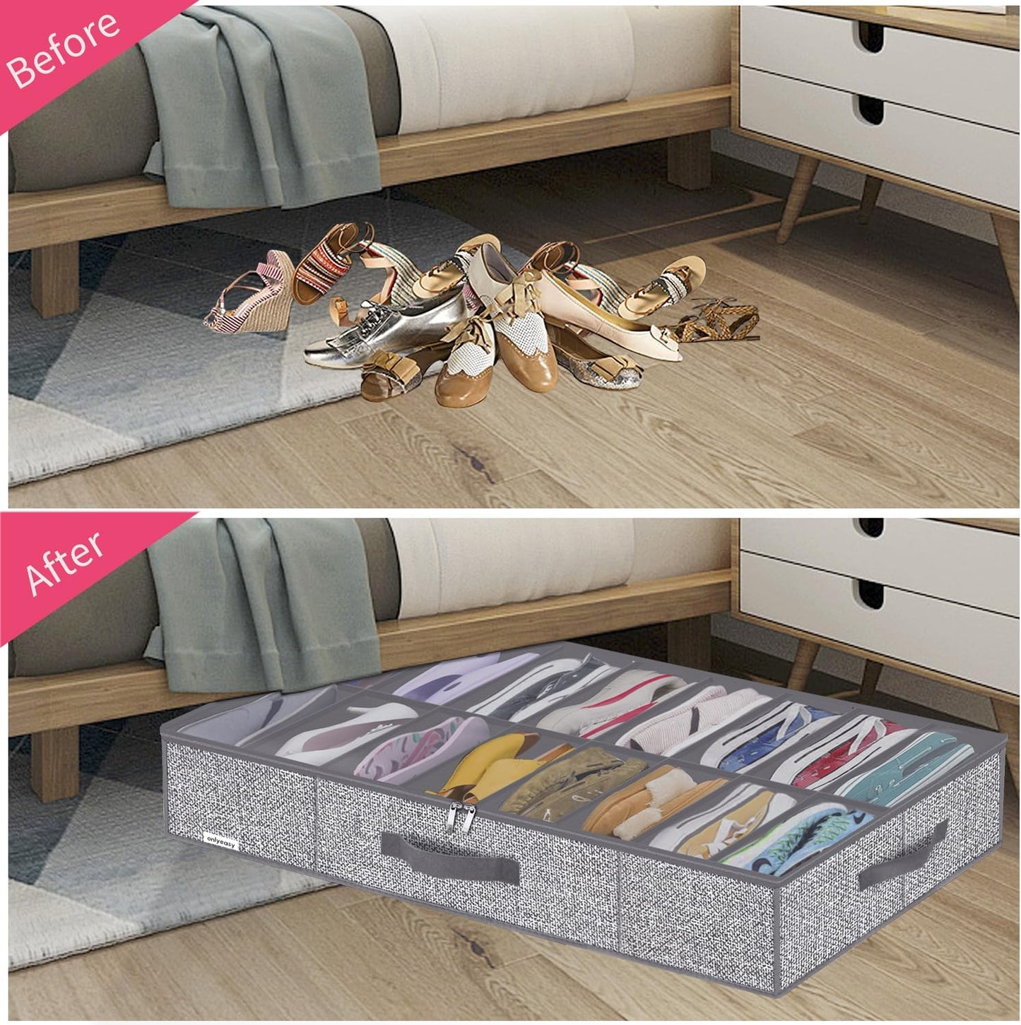 Onlyeasy Sturdy Under Bed Shoe Storage Organizers with Handles & Clear Window (16 to 32 Pairs) 2 Pack, Closet Shoes Containers Boxes for Kids & Adults, 37.7"x23.6"x5.9", Linen-like Grey, MXDUBS16P2