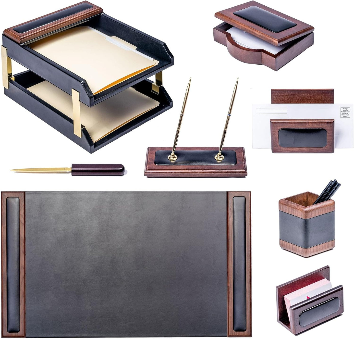 Dacasso Walnut and Black Leather Desk Set, 10-Piece, 34" x 20"