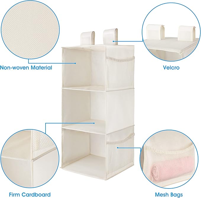 MAX Houser 3-Shelf Hanging Closet Organizer, Hanging Sweater Organizer, Foldable Hanging Shelves for Closet with 2 Velcro, Beige