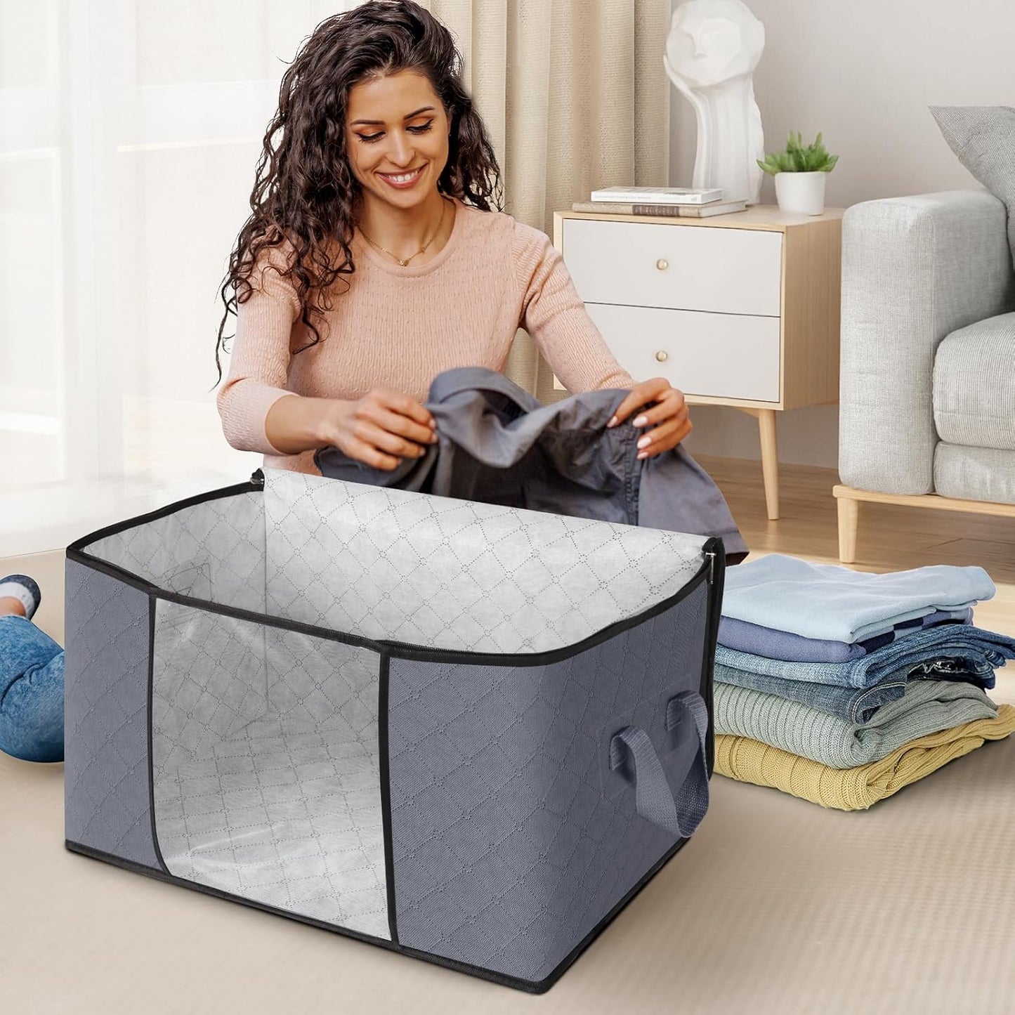 Fab totes Storage Bags,Clothes Blanket Storage Bins Foldable Closet Organizers with Reinforced Handle for Home Dorm Storage and Organization,Fabric Bags for Organizing Sheets,Clothing (Grey,3 Pack)