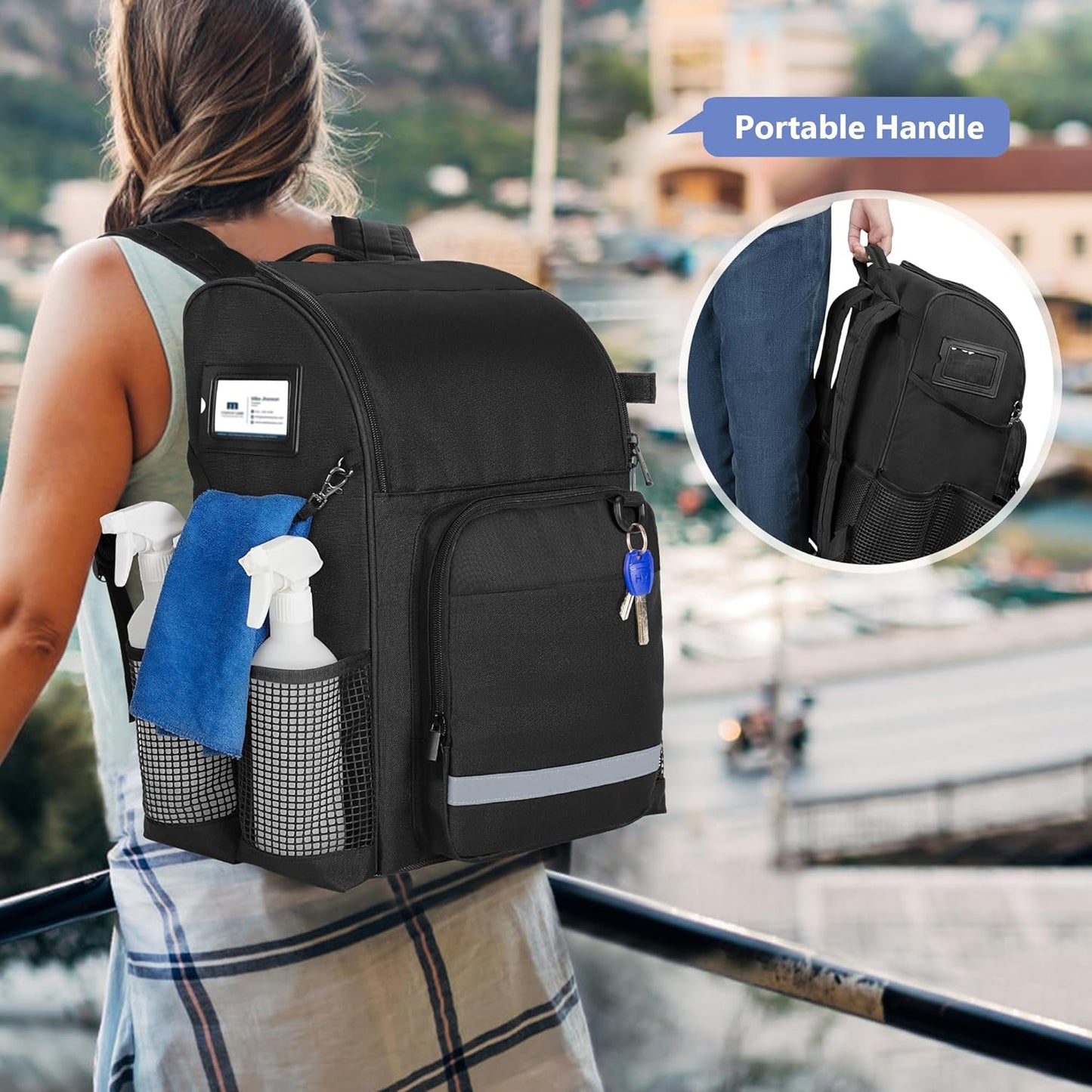 LoDrid Cleaning Bag with Thickened Adjustable Shoulder Straps, Large Cleaning Caddy Organizer with Multiple Pockets for Cleaning and Housework, Black (Patent Designed)