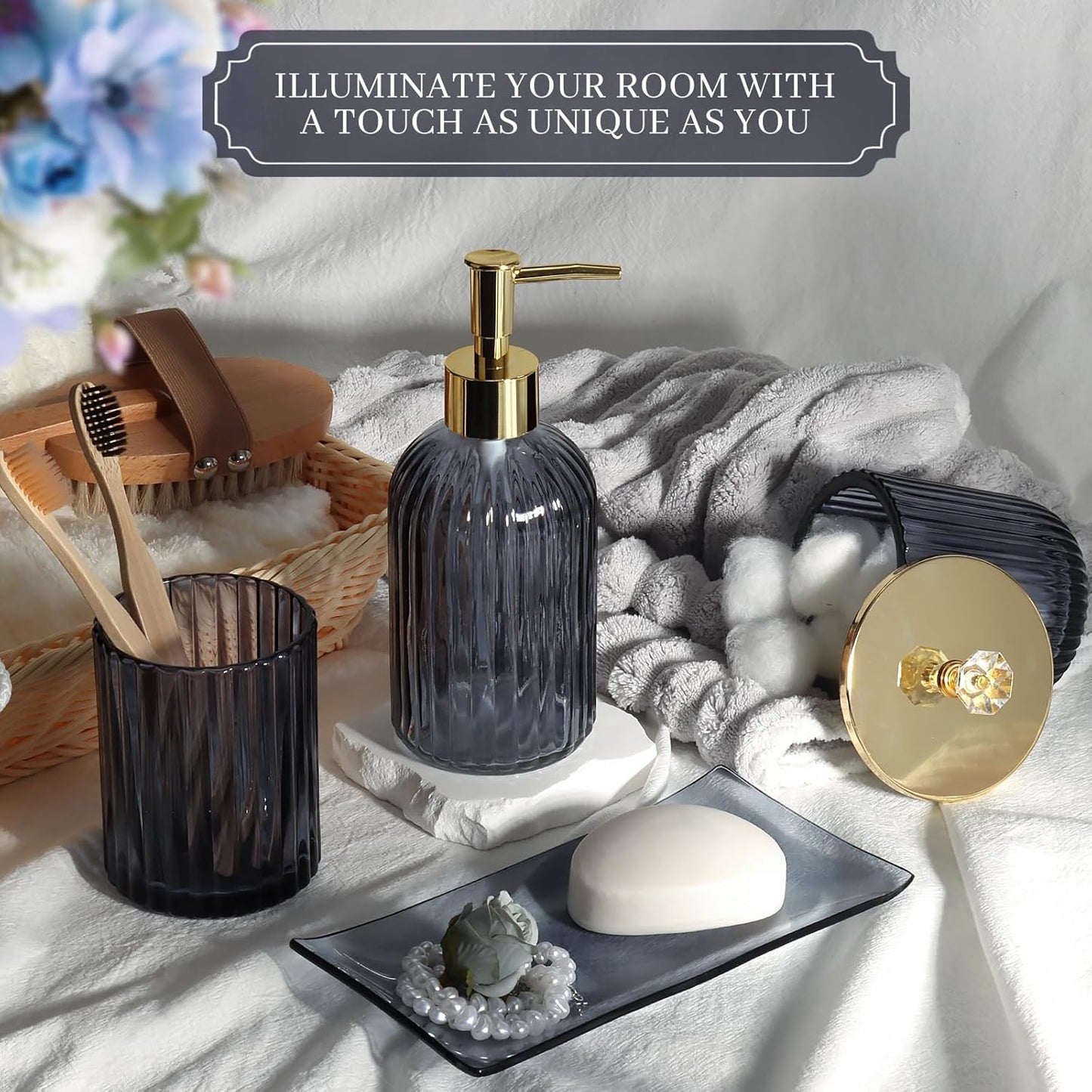 Designer Blue Glass Bathroom Accessories Sets - 4 Pcs with Lotion Soap Dispenser, Bathroom Toothbrush Holder, Vanity Tray, and Apothecary Jar, Vintage Bathroom Decor, Gift Countertop Organizer