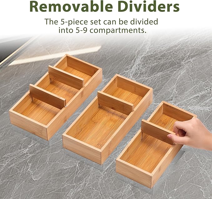 Bamboo Drawer Organizers Set with Removable Dividers, 5PCS Adjustable Multi-Use Wood Storage Organizers(5-9 Grids), Desk Drawer Tray for Bathroom, Office, Dresser, Storage Box for Jewelry, Makeup