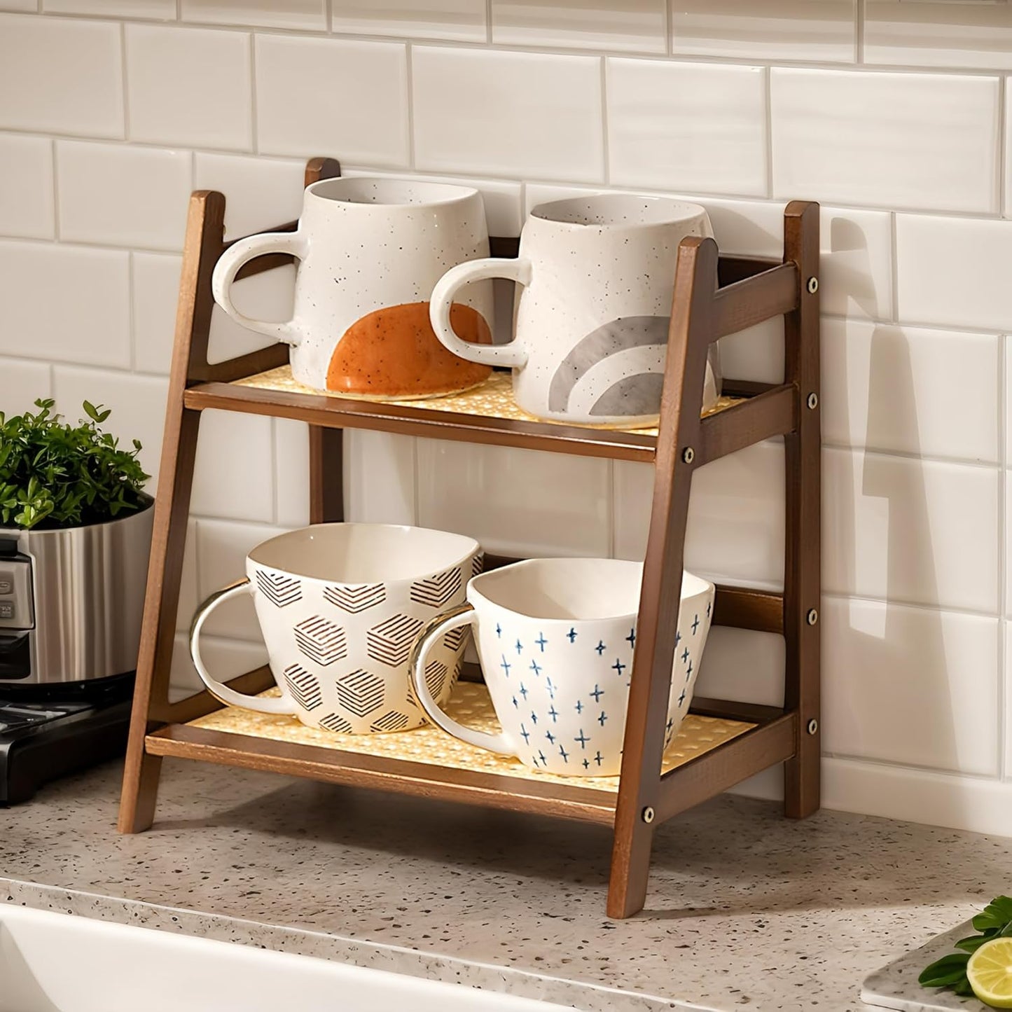 Narrow Mug Holder Countertop, 2 Tier Wicker-Look Tea and Coffee Bar Station Organizer, Bamboo Matcha Stand, Cup Display Shelf, Condiment Storage Rack for Kitchen Counter Cabinet, Brown