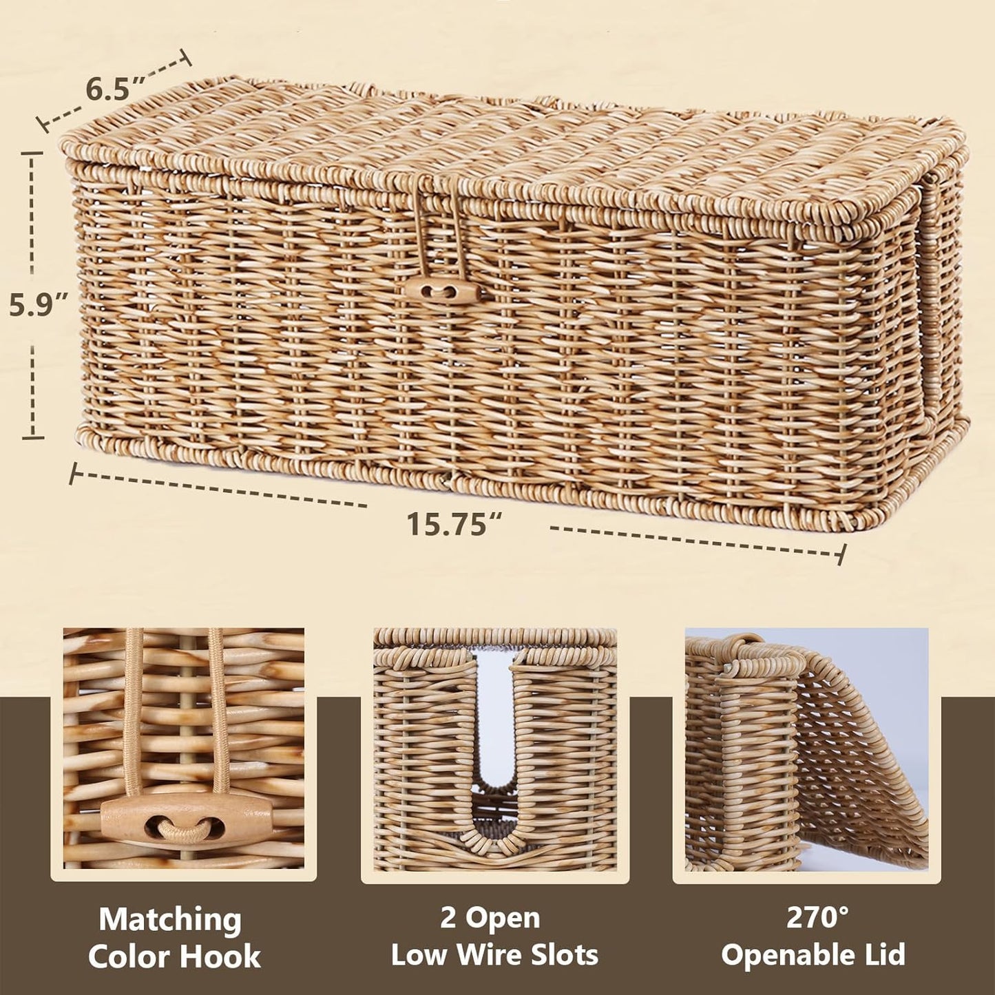 BROWNLILY Cable Management Box, Rattan Style Cord Organizer for Desk Cord Hider Outlet Covers Baby Proofing for Power Strip TV PC Router Charger Under Desk Storage with Lockable Lid and Cable Ties