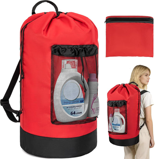 Laundry Bag Backpack with Shoulder Straps and Mesh Pocket Foldable Clothes Hamper Bag with Drawstring Closure for College, Apartment, Laundromat (Red)