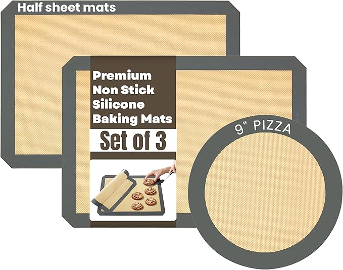 2 Half Sheet Nonstick Silicone Baking Mats and Microwave Toaster Oven Pizza Mat Circle 9" - Thick Heavy Duty Silicone Baking Sheet Non Stick 1/2 for Macaron Cookie - 3 Pack Reusable Cooking Pads
