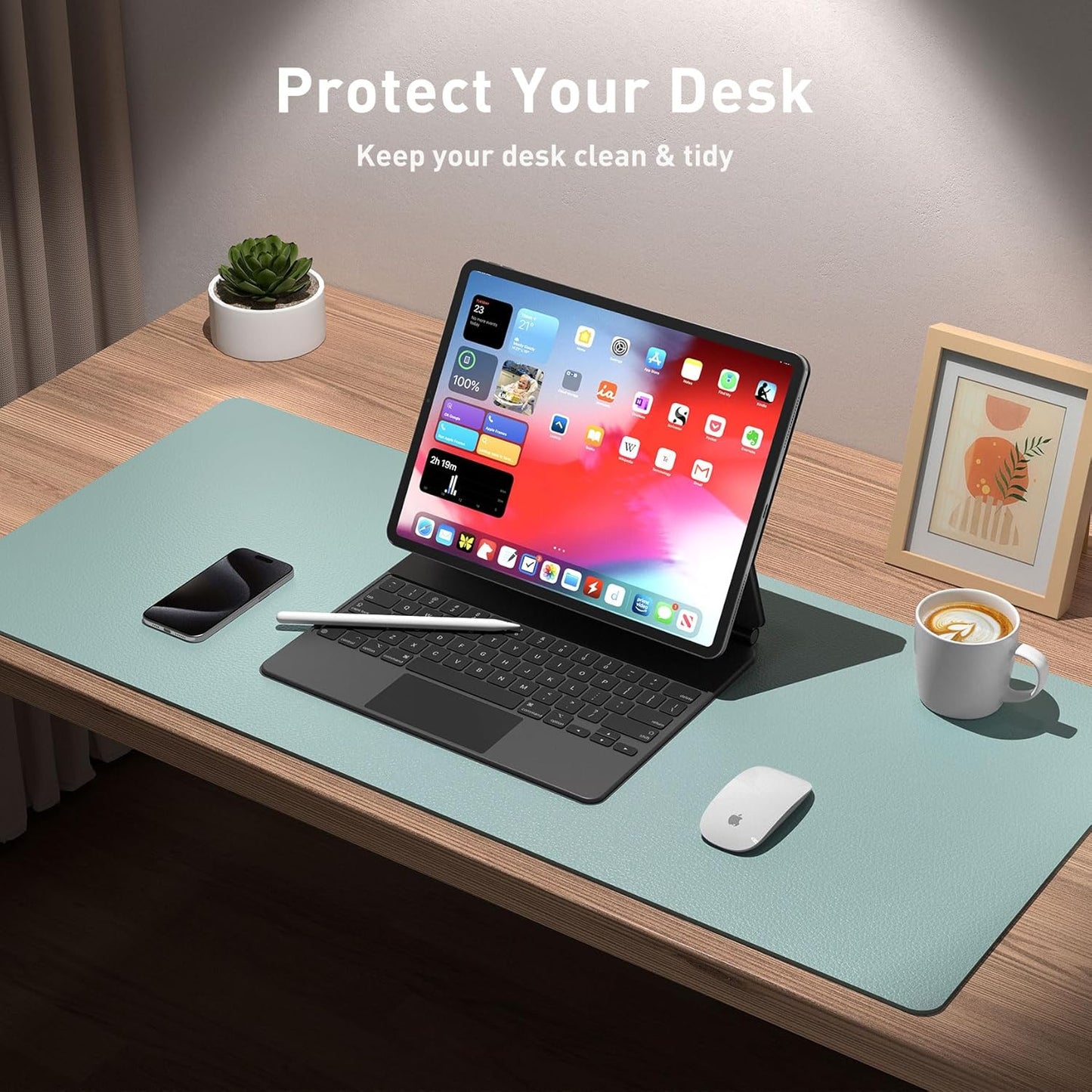 Aothia Leather Desk Pad Protector, Mouse Pad, Office Desk Mat, Non-Slip PU Leather Desk Blotter, Laptop Desk Pad, Waterproof Desk Writing Pad for Office and Home (Light Blue,31.5" x 15.7")