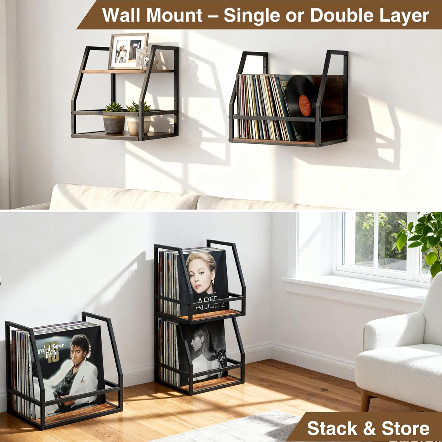 Y&M 2 In 1 Vinyl Record Storage Crate, 2 Pack Wood LP Holder, Wall Mount or Desktop Metal Album Organizer, Holds 80+ Records, Multifunctional Stackable Magazine Display Shelf, Brown
