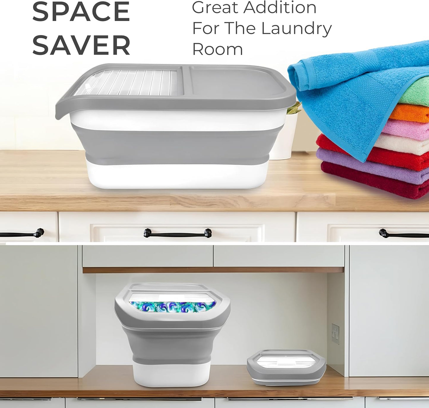 Skywin Grey Modern Expandable Laundry Pod Container, 16.2 x 9.8 x 7.9 In, Holds 11 Pounds OR 120-150 Pods