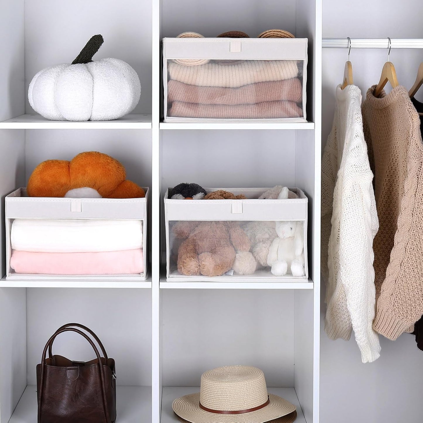 WUIKE Closet Storage Bins, Fabric Organizer Baskets with Clear Window and Handles, Foldable Storage for Shelves, Beige, Large, 3-Pack