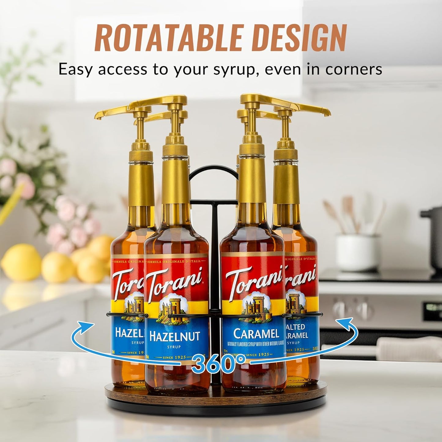 Rotating Coffee Syrup Organizer Hold 6 Bottles, Wood Coffee Syrup Rack for Countertop, Large Bottle Holder Stand for Bar Station, Turntable Wine Display Tray (Black - 6 Bottles)