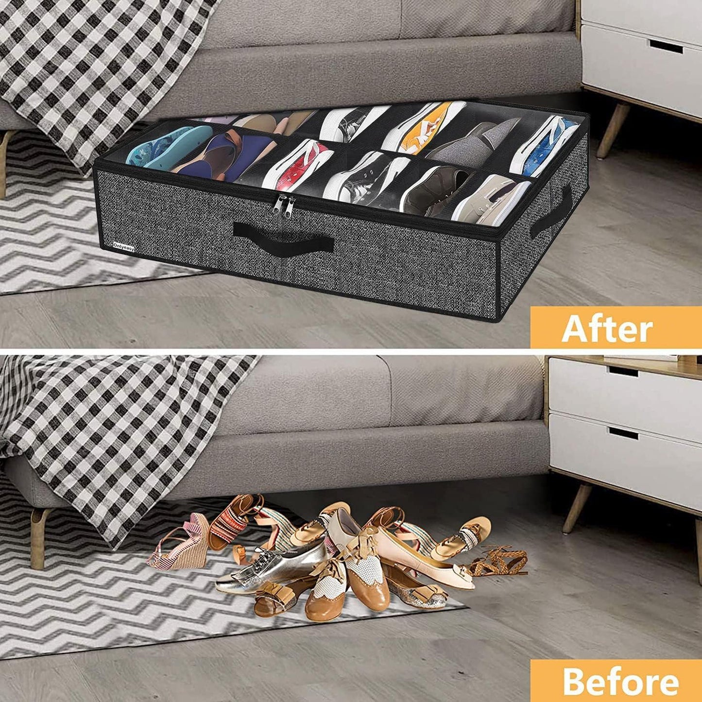 Onlyeasy Under Bed Shoe Storage Organizer For Closet, 4 Pack Fit 12x4 Pairs, Underbed Solution Shoes Container Bags with Sturdy Sidewall & Reinforced Handles, Breathable, Linen-like Black, MXAUBSB4P