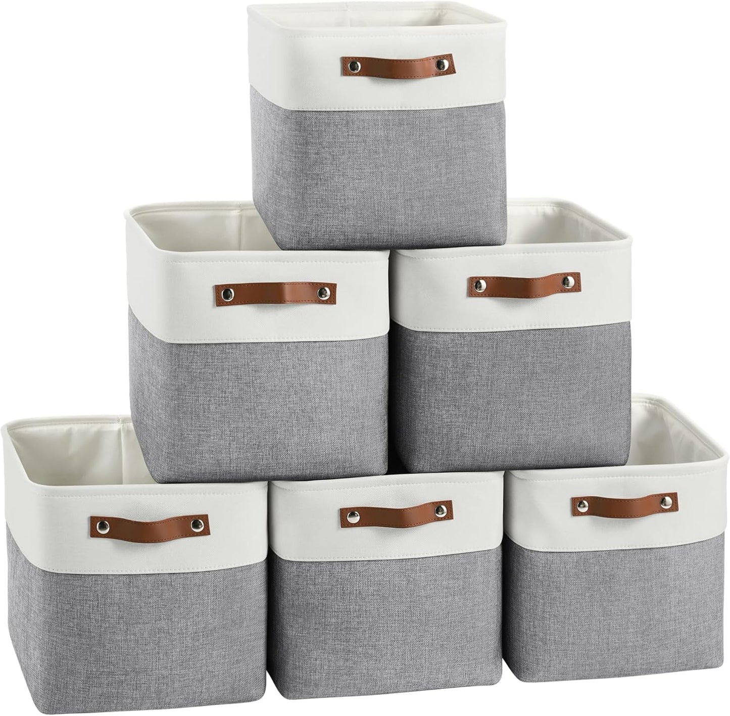 Cube Storage Baskets 6 Pack, 11x11 inch Foldable Cube Storage Bins with Leather Handles for Shelf Closet Nursery Toys (White/ Gray)