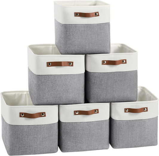Cube Storage Baskets 6 Pack, 11x11 inch Foldable Cube Storage Bins with Leather Handles for Shelf Closet Nursery Toys (White/ Gray)