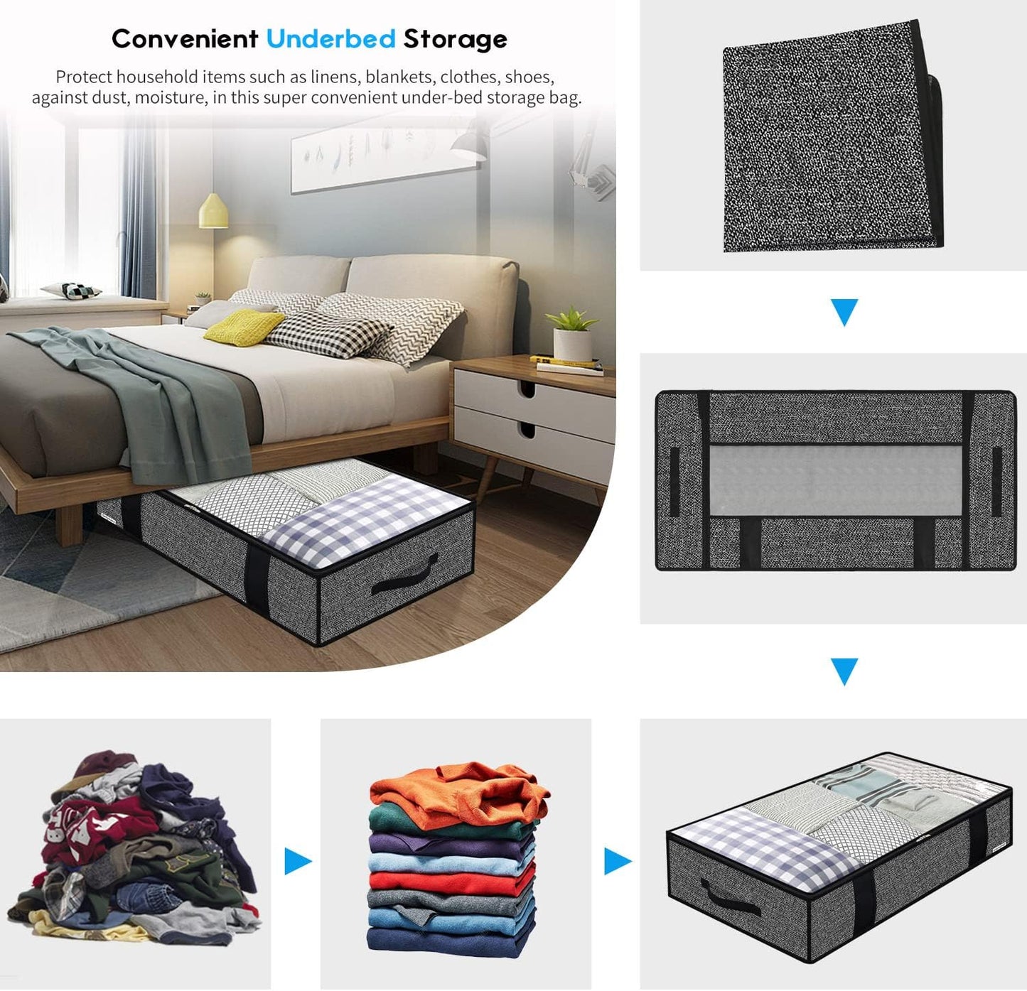 Onlyeasy Foldable Underbed Bags - 2 Pack Blankets Clothes Comforters Storage Bag Breathable Zippered Organizer for Bedroom with Clear Window and 4 Handles, 100 x50 x15cm, Linen-Like Black, MXAUBBP2