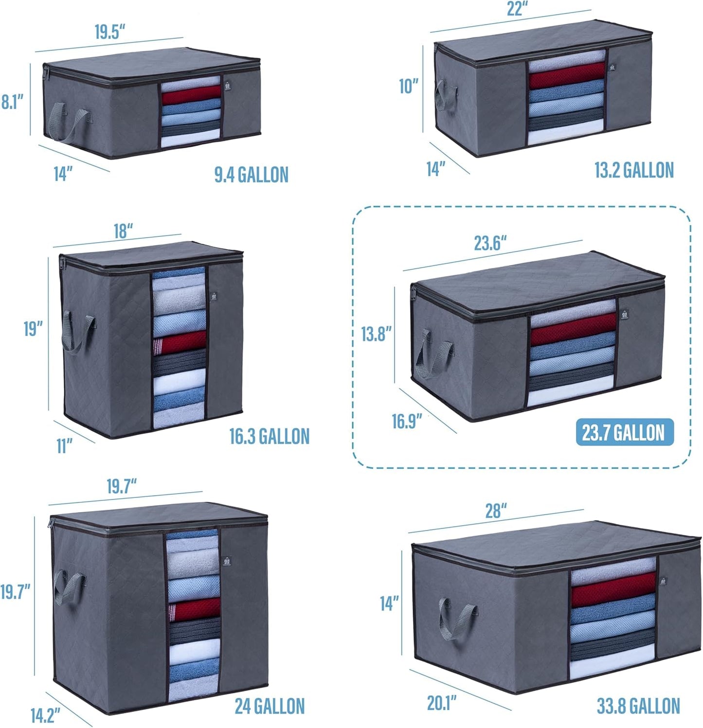VENO 3 Pack Extra Large Clothes Storage Bag Organizer with Reinforced Handle Thick Fabric for Comforters, Blankets, Bedding, Foldable with Sturdy Zipper, Clear Window, Grey, Reusable (24 Gallon)