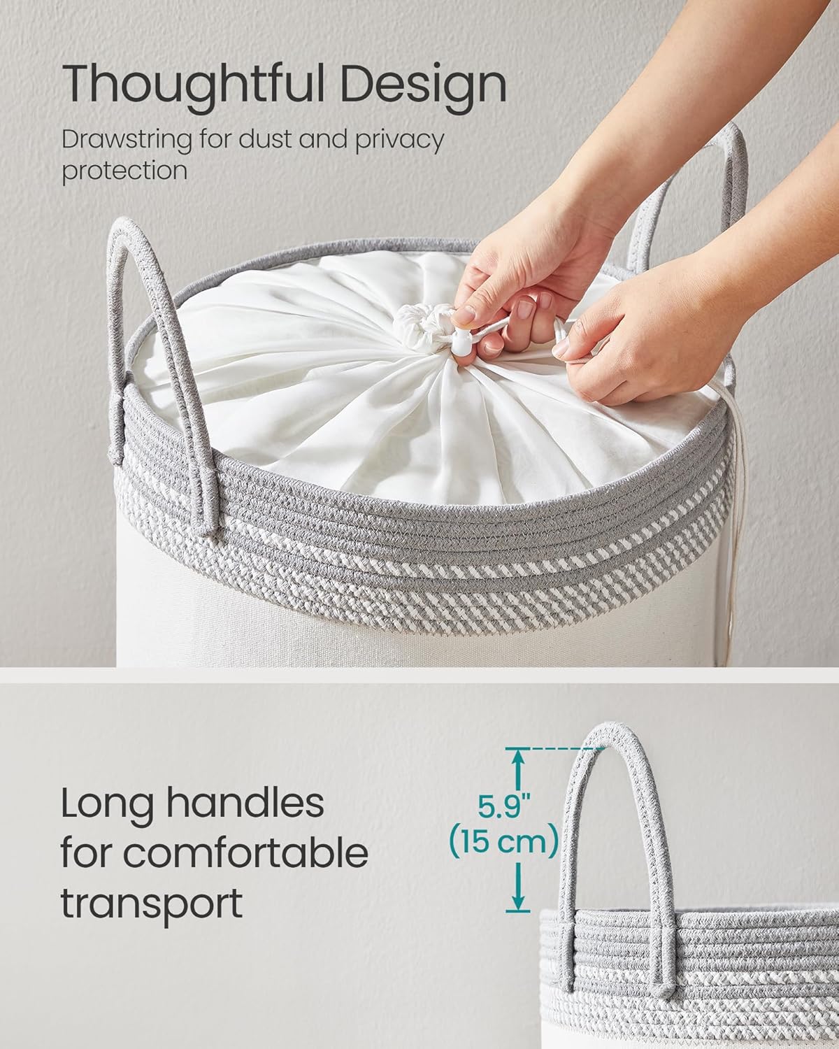 SONGMICS Laundry Hamper 60L, Laundry Basket with Handles, Laundry Bag with Lid, Cotton Rope, Drawstring, for Clothes, Blankets, Living Room, Bedroom, Dove Gray URLH060G01