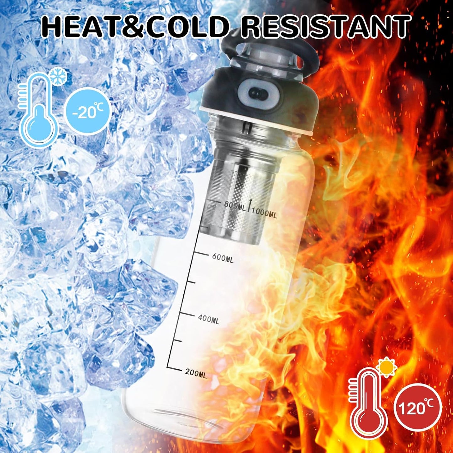 34oz Glass Water Bottle with capacity Mark & Stainless Steel Tea Strainer-Large Capacity for Hot/Cold Drinks,Coffee,Tea,and Water-Includes Protective Sleeve,Perfect for Home,Office (34oz)