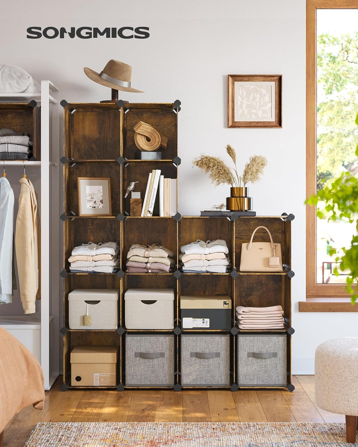 SONGMICS Cube Storage Organizer, Set of 16 Plastic Cubes, Closet Organizers and Storage, Room Organization, Bedroom Living Room, 12.2 x 48.4 x 48.4 Inches, Rustic Brown ULPC442A01