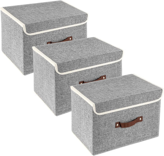 TYEERS Collapsible Storage Boxes, Washable Fabric Storage Bins with Lids, 14.9x9.8x9.8 inches, 3 Pack, Gray
