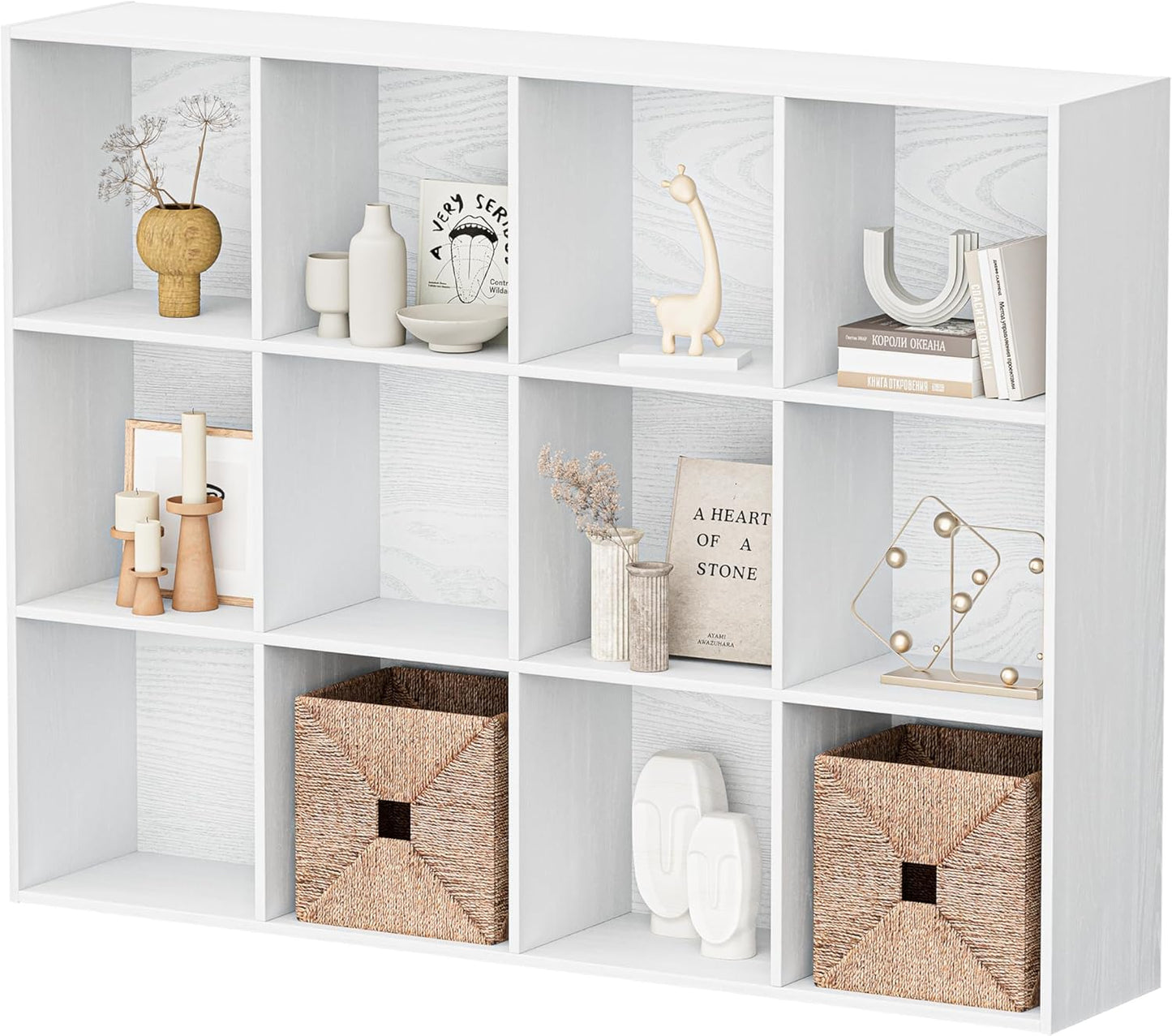 12 Cube Storage Organizer, Wooden Cube Shelves with Closed Back Panel, Reversible Bookcase, Toy Organizers and Storage for Home, Living Room, Kids Room, Office, 47.72" L x 9.45" W x 35.98" H, White