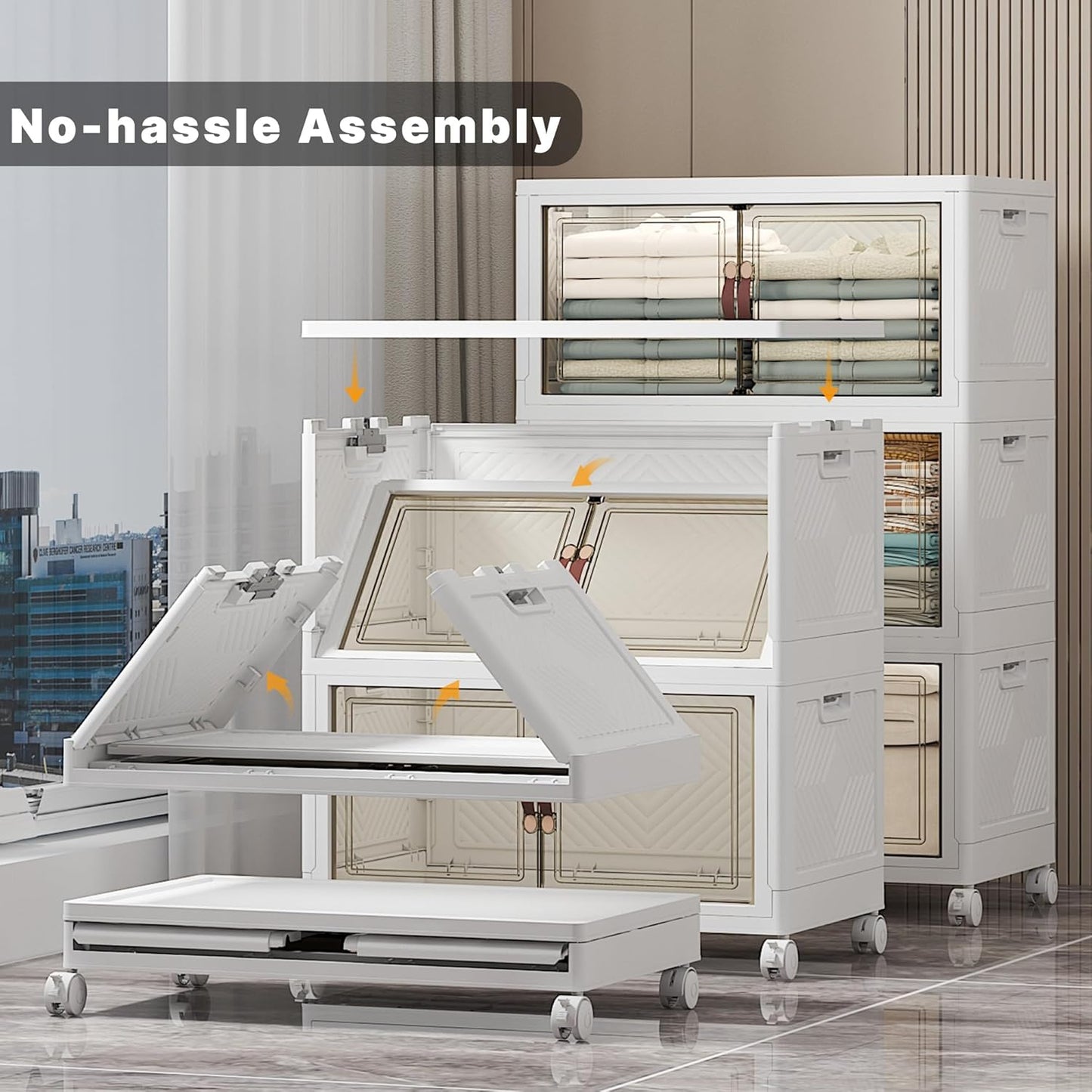 Extra Large Stackable Storage Bins with Lids & Wheels & Door, 336QT-112QT/28GAL*3Pack Foldable Collapsible Closet Organizers, Plastic containers drawers for bedroom Dorm