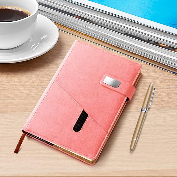 A5 Lined Leather Notebook and Pen Set with Gift Box, 243 Pages Refillable Journal with Pocket and Magnetic Buckle, Hardcover Daily Diary for Men and Women Business Travel Personal Writing- Pink
