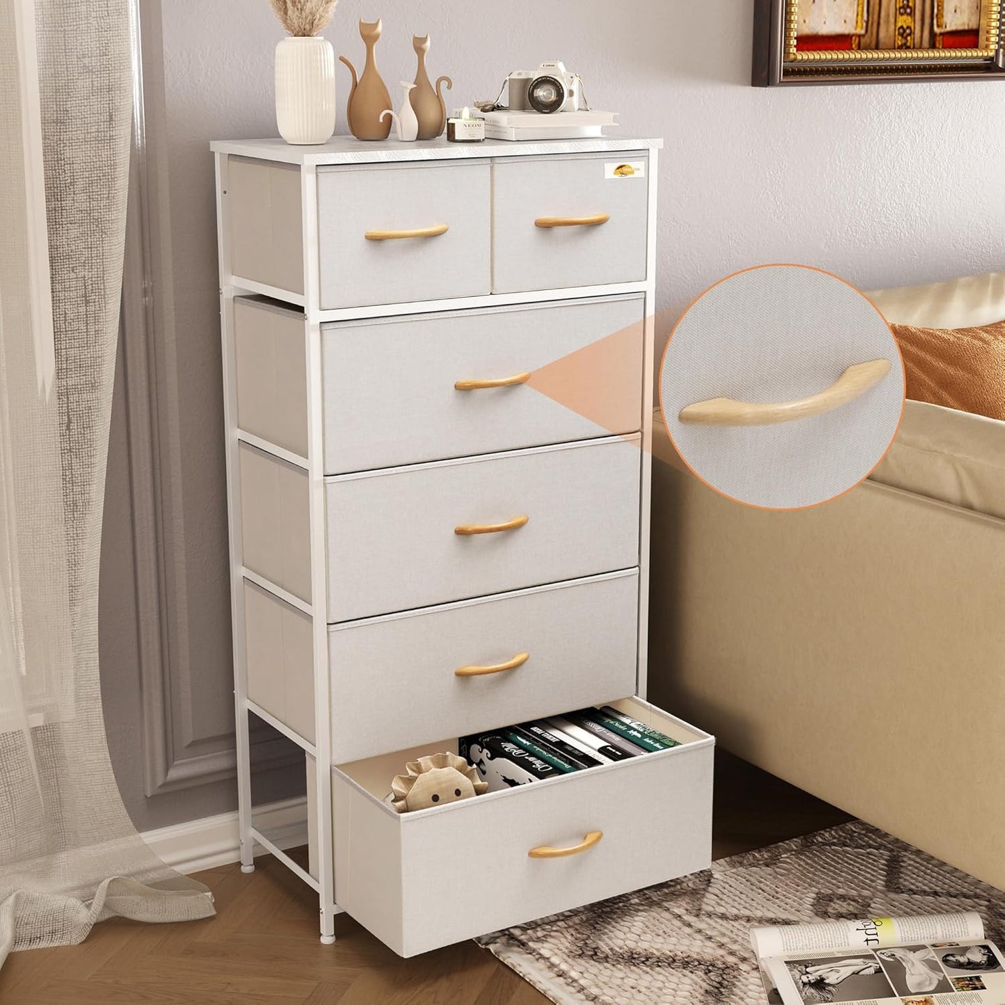 Fabric Dresser for Bedroom, Tall Skinny Dresser with 6 Drawers, Storage Organizer Tower, Steel Frame Wooden Top for Closet, Living Room, Hallway(Beige)