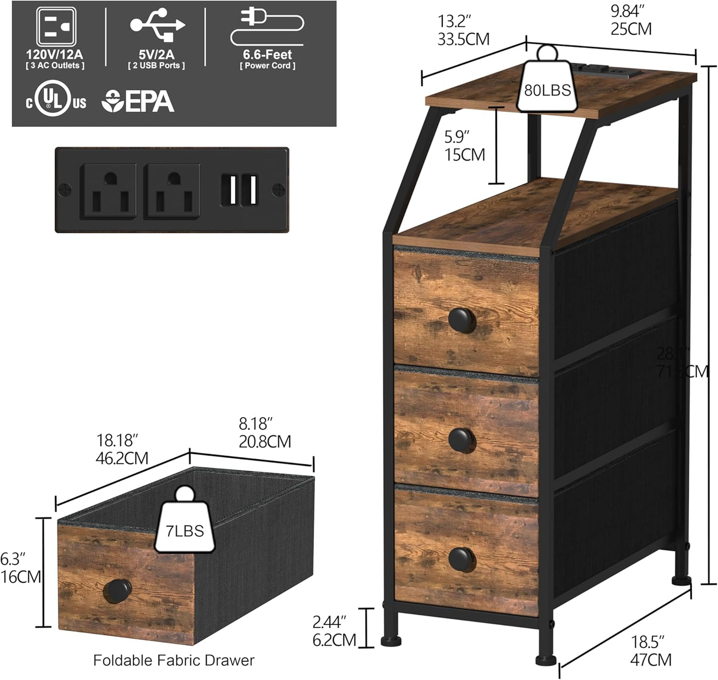 Tohomeor Narrow Dresser Tall Skinny Storage Tower Vertical Slim Chest of Drawers with Charging Station Small Nightstand Side Table for Bedroom, Bathroom, Small Spaces (Rustic Brown, 3 Drawers)