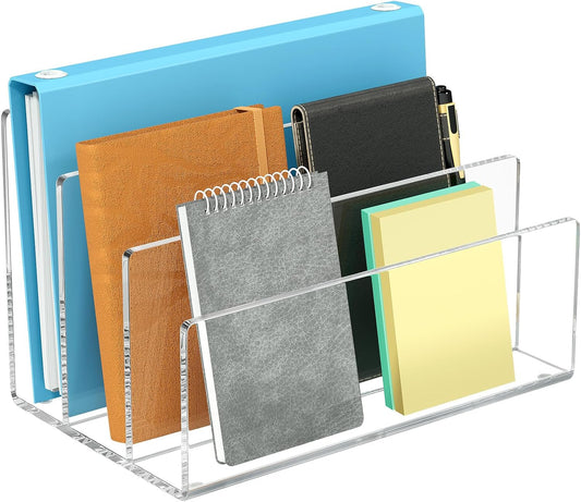 KTRIO 3 Section Mail Organizer Letter Holder for Desk, Vertical 3 Compartments Acrylic File Holder, File Sorter Desk Organizer for Envelopes and Electronics Office Supplies, Clear