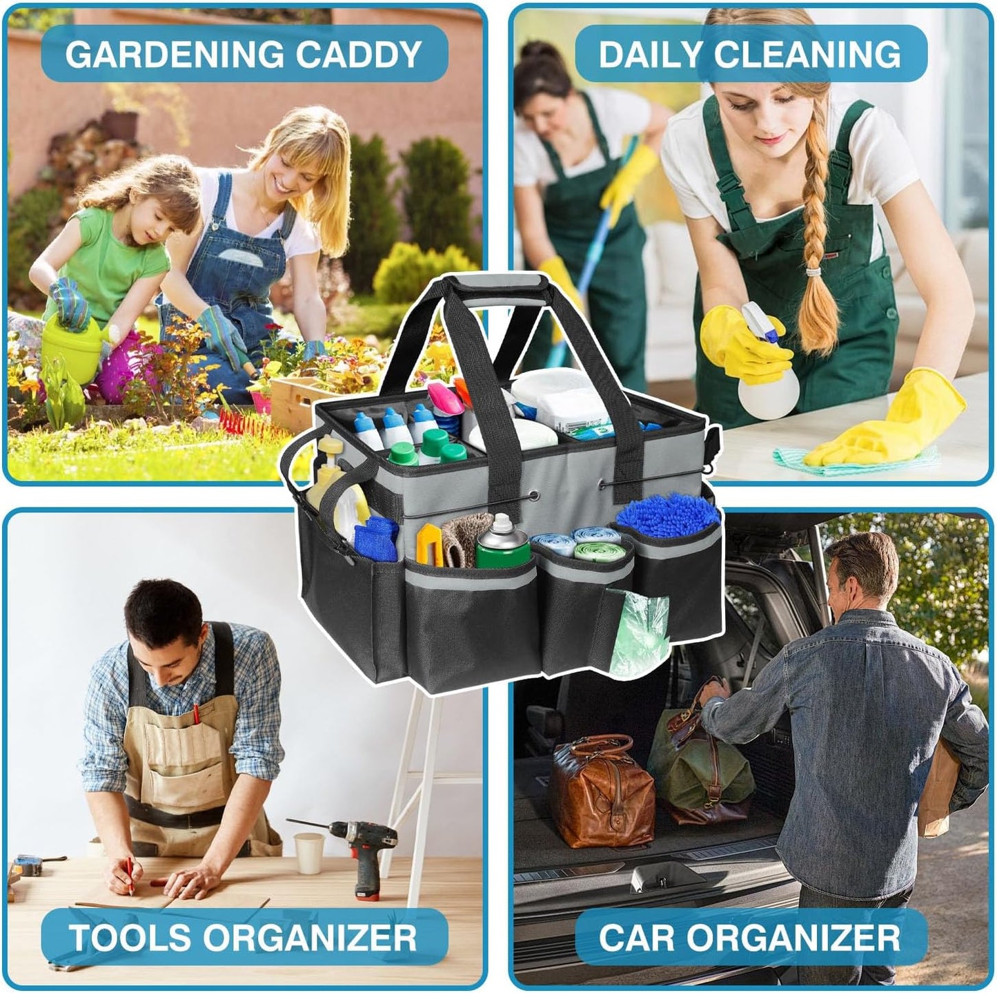 Organizer with Handles for Cleaning Tools, 17.8*12.2*9.3in Large Cleaning Caddy Bag Waterproof Car Cleaning Tool Organizer Bag with Shoulder Detachable Divider for Cleaners Housekeeper(Grey)