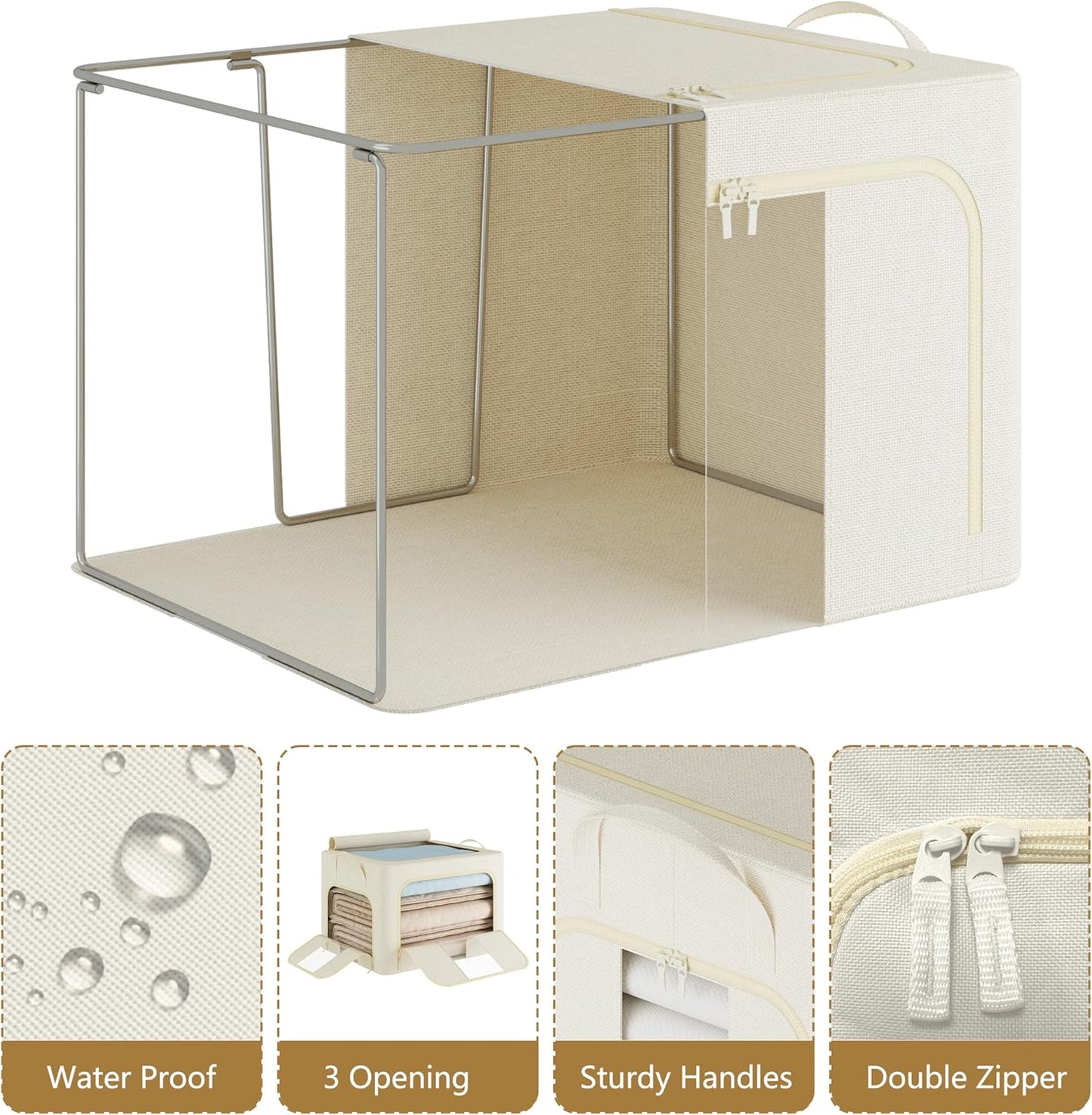 Pinkpum 3 Pack Clothes Storage Bins with Metal Frame, Closet Organizers and Storage Boxes, Stackable & Foldable Clothes Organizer Bags with Large Clear Window & Long Carry Handles, Beige 100L