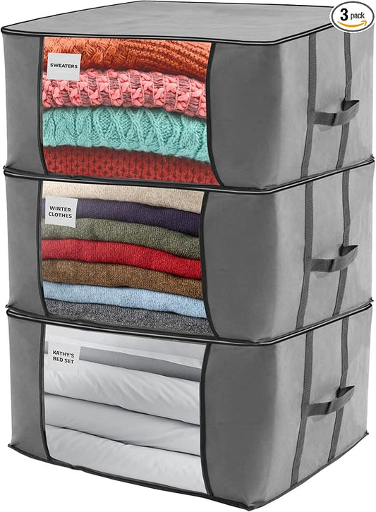 NestNeatly Large Capacity Clothes Storage Bag Organizer with Reinforced Handle for Comforters, Blankets, Bedding, Foldable with Sturdy Zipper, Clear Window, 3 Pack, Gray