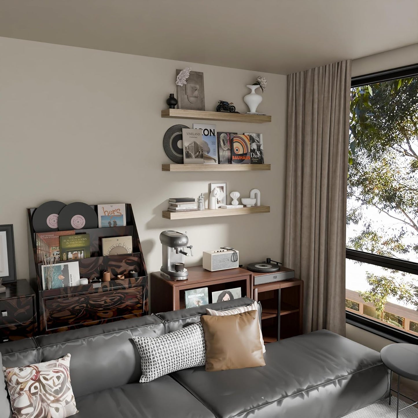 Floating Shelves for Wall, 36 Inch Extra Long Natural Brown Wall Shelves, Set of 3, Hanging Invisible Brackets Floating Shelves for Living Room,Bedroom,and Kitchen