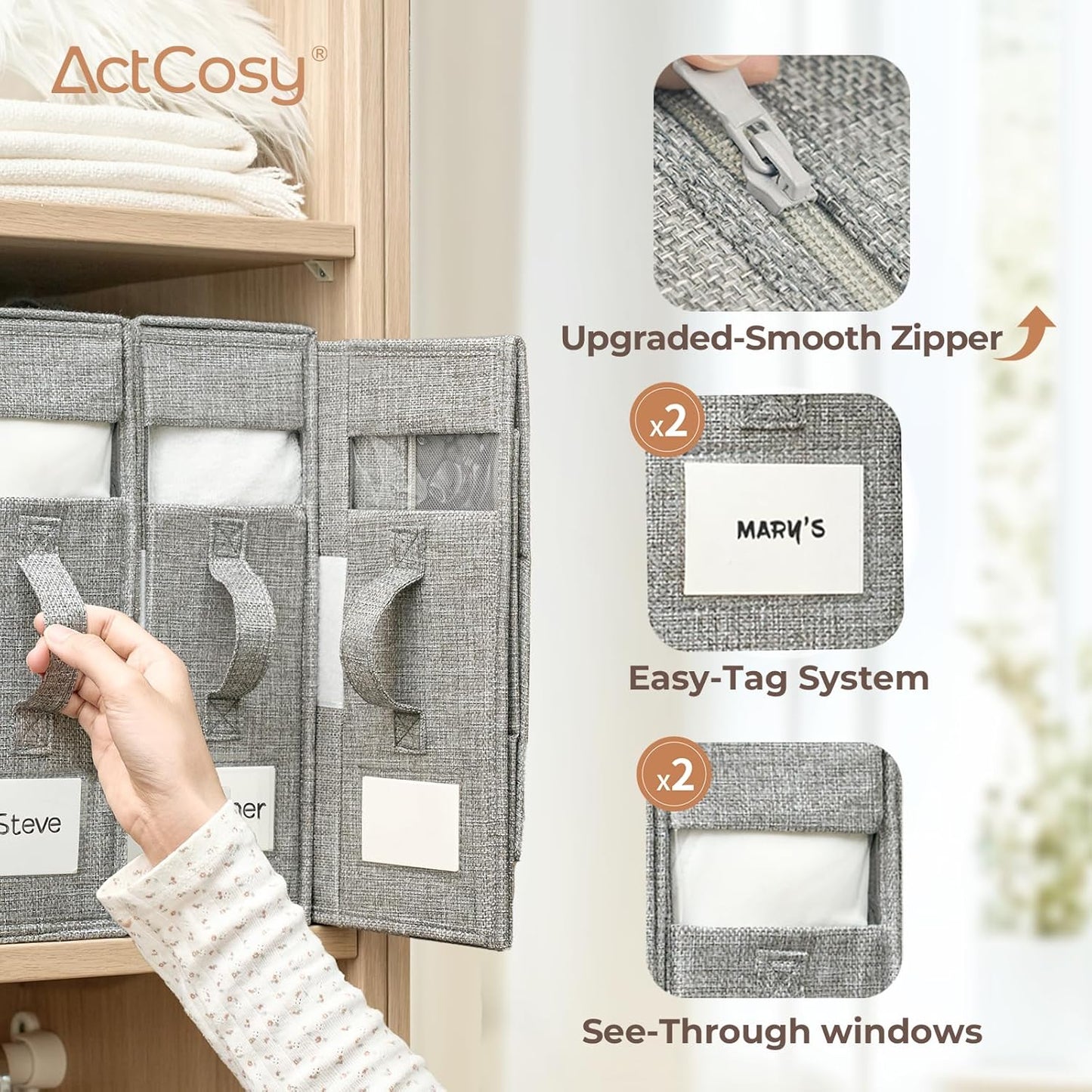 8Pack Sheet Organizers and Storage with Handles – Foldable Linen Closet Storage for King & Queen Sheet Sets – Clear Window & Removable Labels – Dustproof & Space-Saving Design, 8Pack, Grey