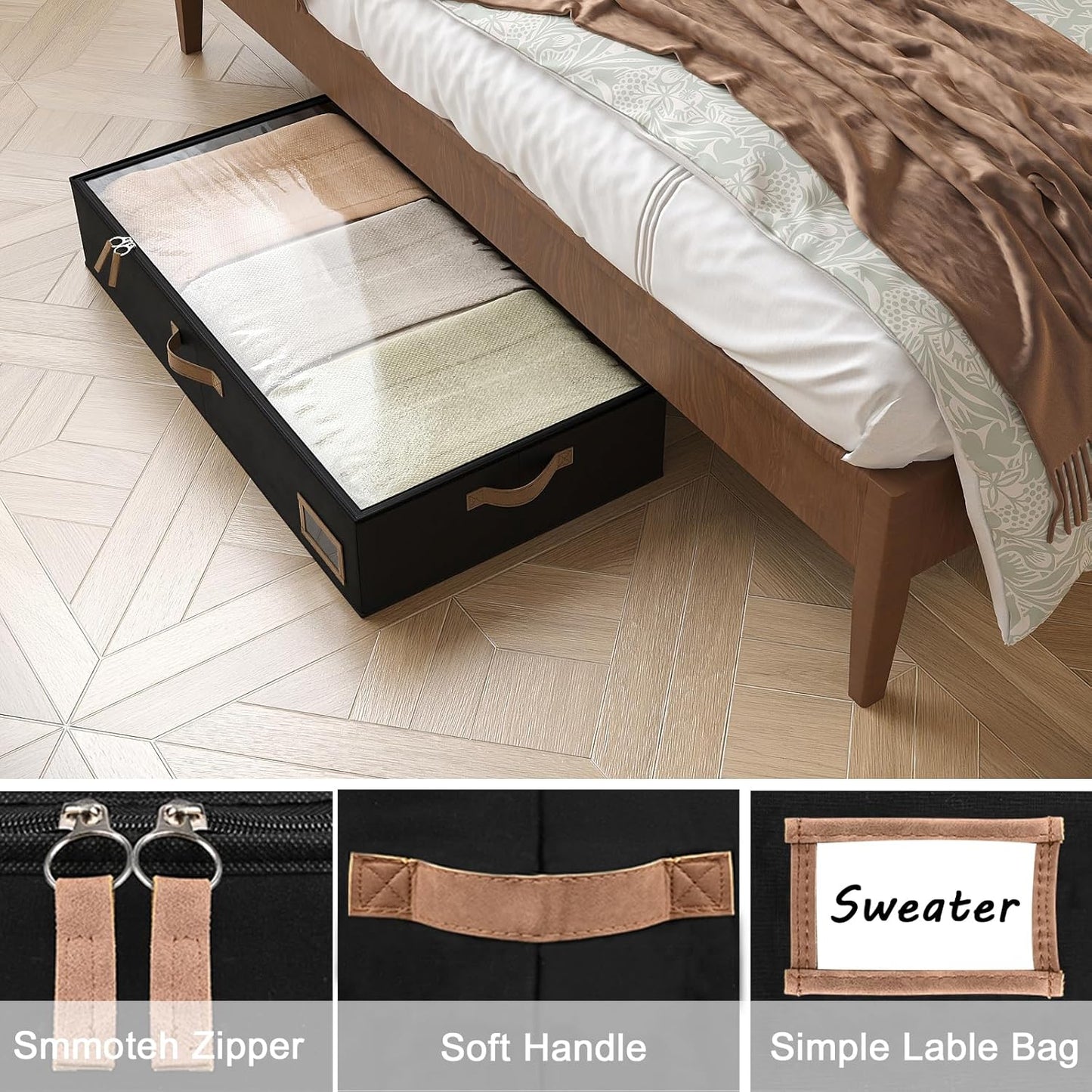 Under Bed Storage, Under Bed Storage Containers Bins for Clothes, Large Linen Underbed Closet Organization Bins, 2 Pack Collapsible Underbed Bin Dorm for Clothes, Sweater, Black