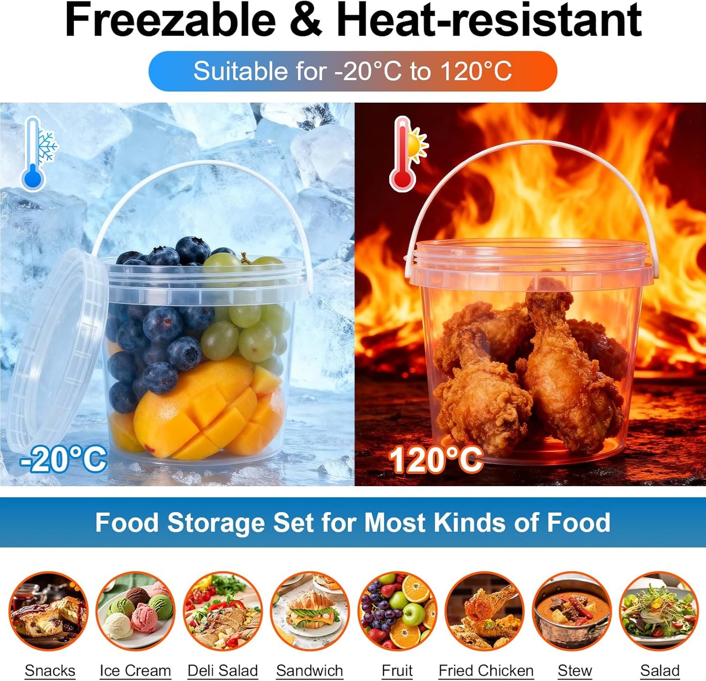 4 Pack 64oz Food Grade Plastic Buckets with Screw Lids & Handle, Reusable Storage Containers for Snacks, Salad, Sauce - Clear Freezer Safe Bucket Set