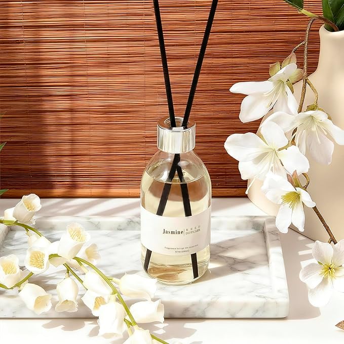 Clesh Reed Diffuser Set, 6.7 oz Jasmine Scented Diffuser with Sticks, Home Fragrance Reed Diffuser for Bathroom Shelf Decor