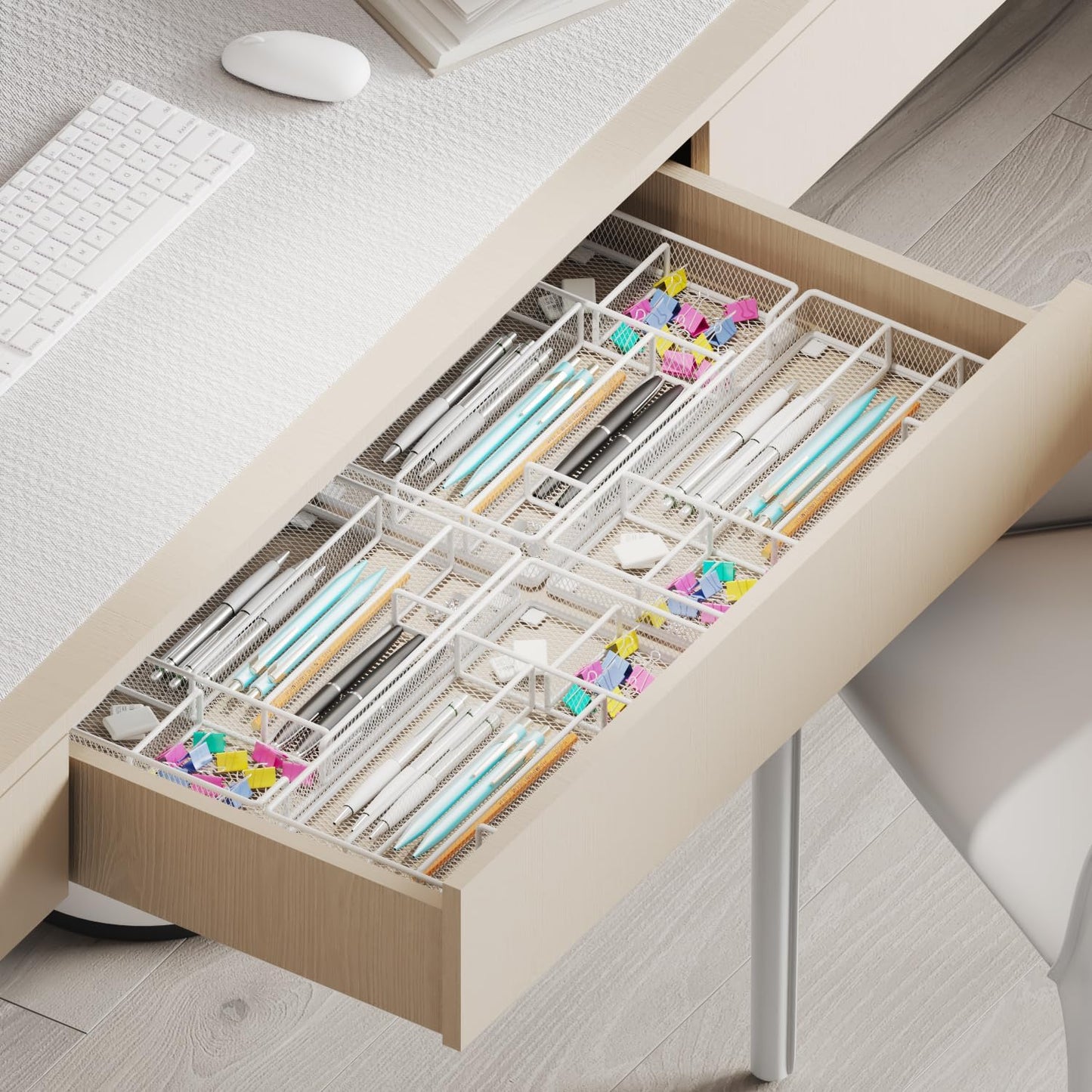 Desk Drawer Organizer Tray, Mesh Desk & Office Drawer Organizer, Suitable for Tools, Pencils & Office Supplies Storage (White)