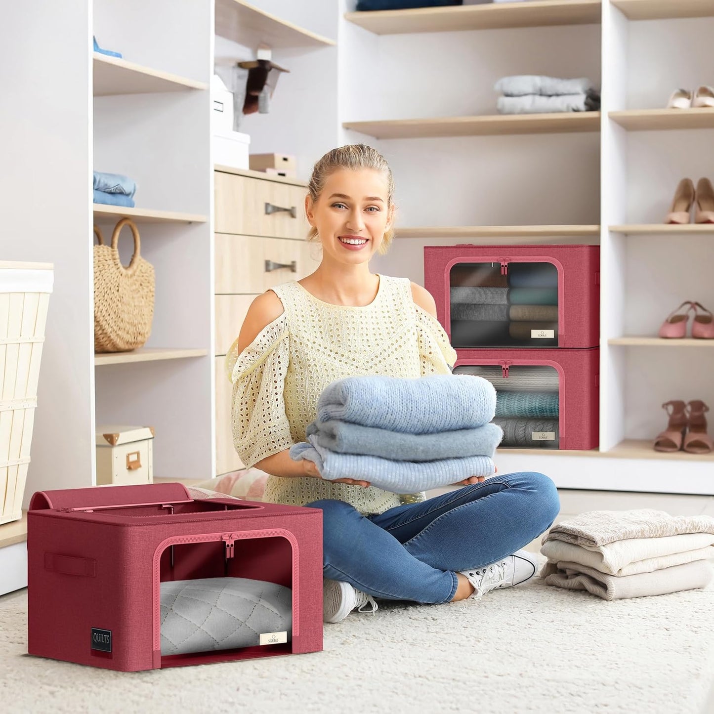 Sorbus Storage Bins with Metal Frame - Stackable & Foldable Clothes Organizer Bags - Oxford Fabric Storage Containers with Large Clear Window & Carry Handles Organization for Bedding Linen & Clothing