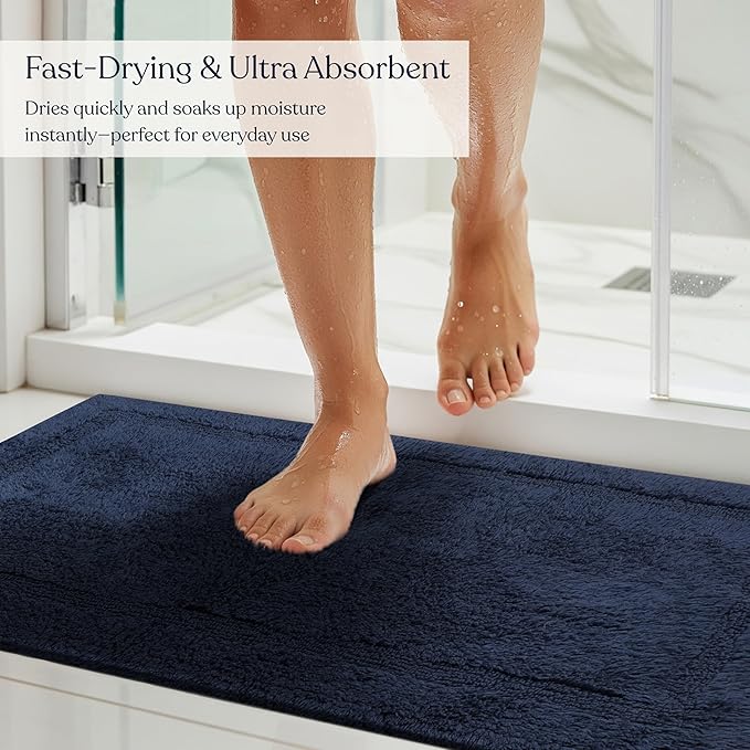 Delara Organic Cotton Reversible Bath Mat – 3000 GSM, GOTS Certified, Ultra-Thick & Super Absorbent | Soft, Plush & Quick-Drying Bathroom Rug (Navy Blue, 24x44)