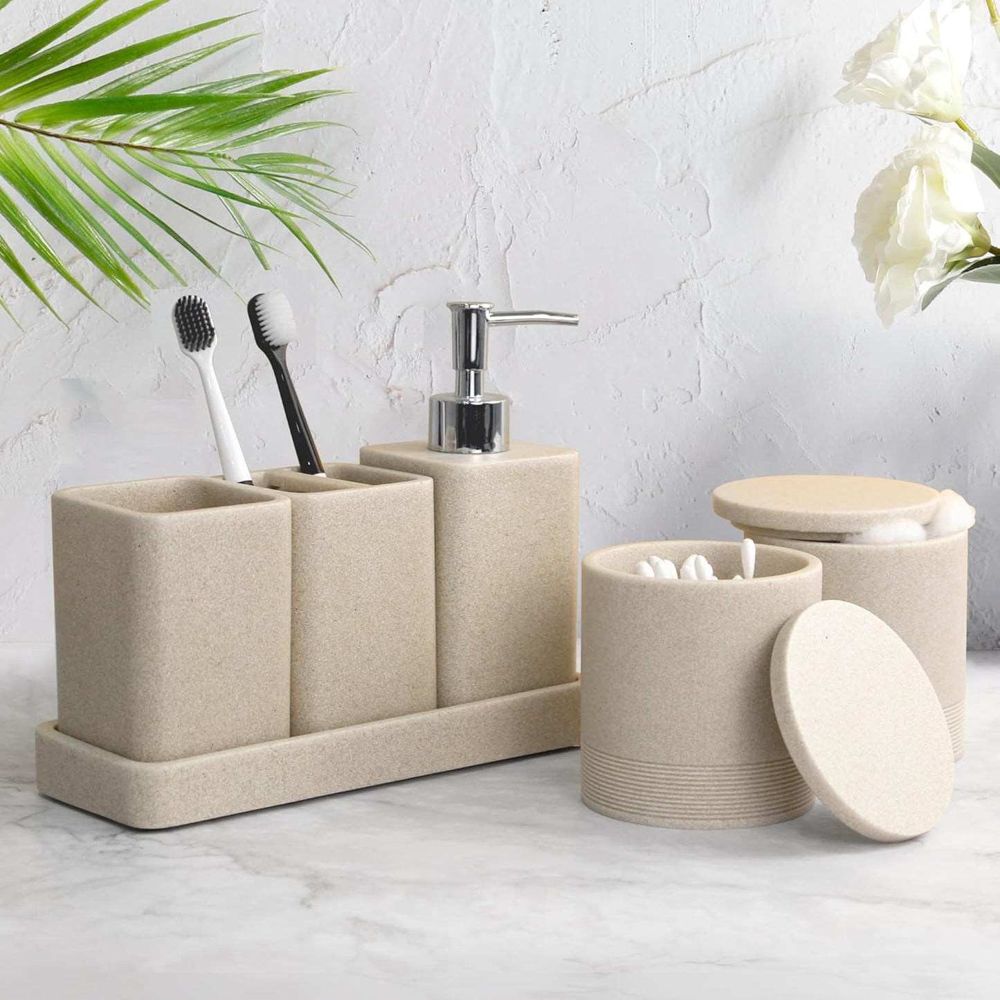 Bathroom Accessories Set, 6 Piece Bathroom Set with Toothbrush Holders, Soap Dispenser, Vanity Tray, Tumbler, Cotton Swab Jars, Bathroom Organizer，Bathroom Sink Sets, Stone Beige