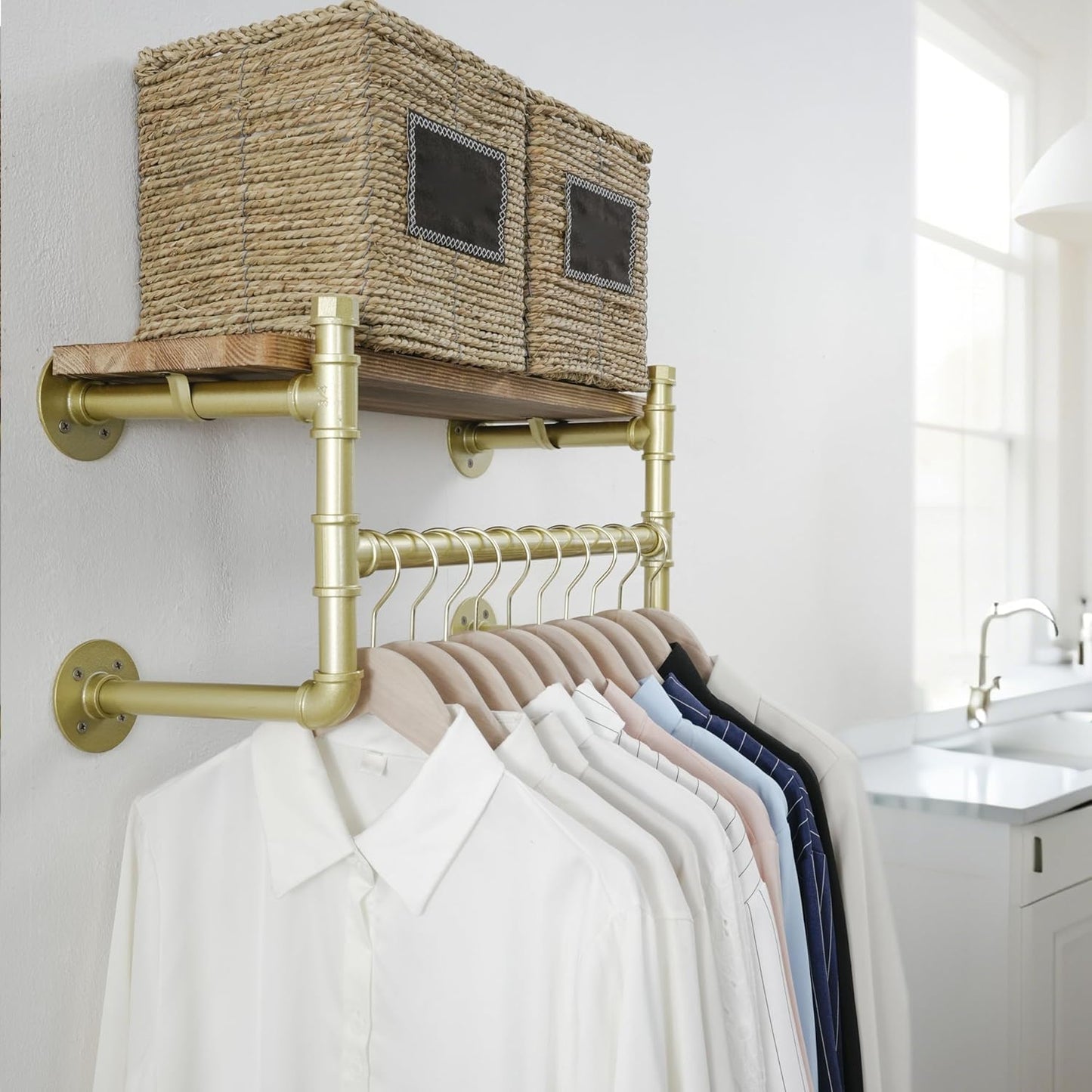 WEBI Wall Mounted Clothes Rack with Shelf,24" Industrial Pipe Clothing Rack with Shelf with Hanging Rod,Heavy Duty Iron Garment Rack Bar,Retail Display Clothes Rod for Laundry Room,Closet,Gold