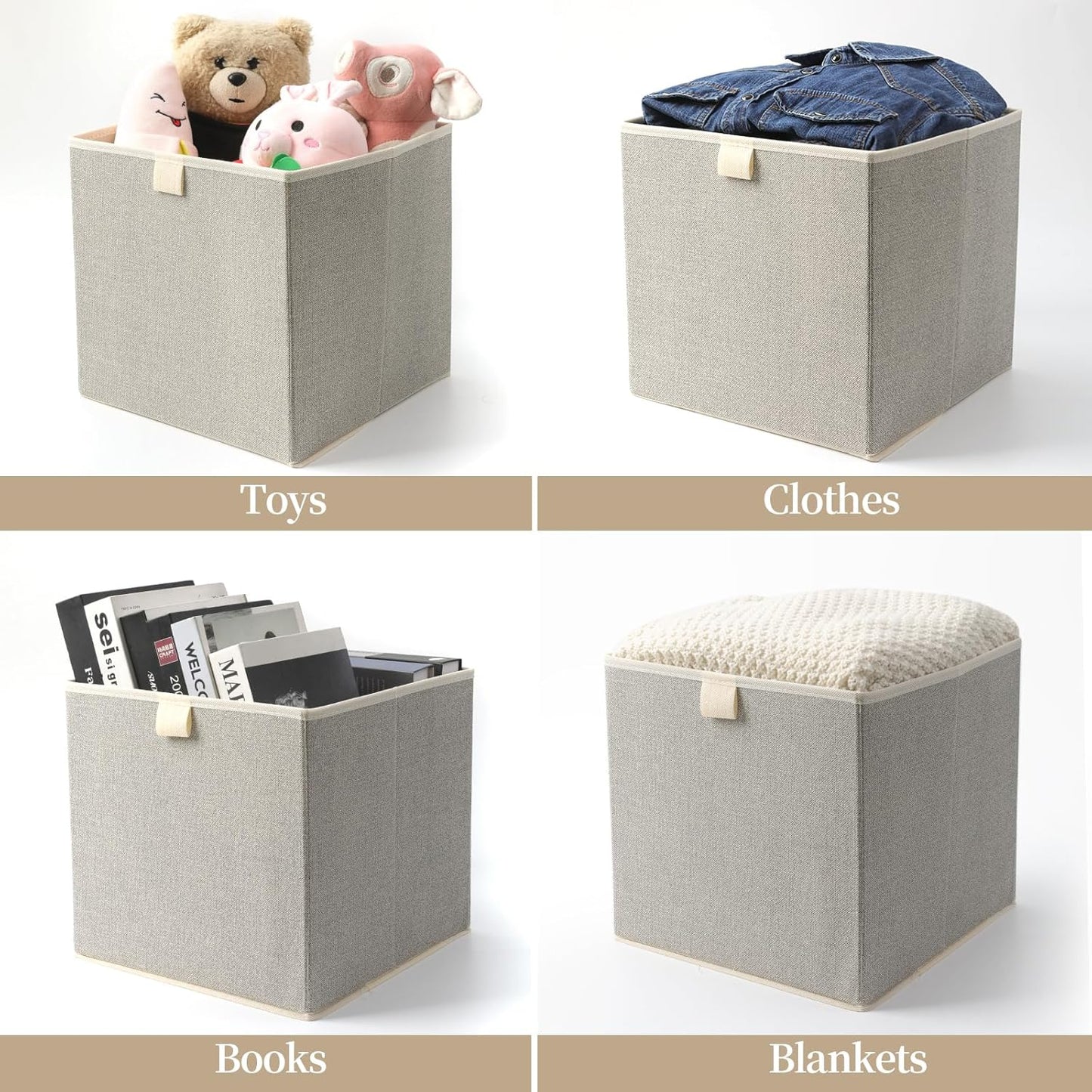 Storage Baskets, 11.8-Inch Woven Fabric Bins, Storage Cubes with Reinforced Handles, Organizer Bins for Closet Shelves, Foldable, for Toys, Clothes, Natural Beige (4PCS/Beige-11.8*11.8*11.8inch)